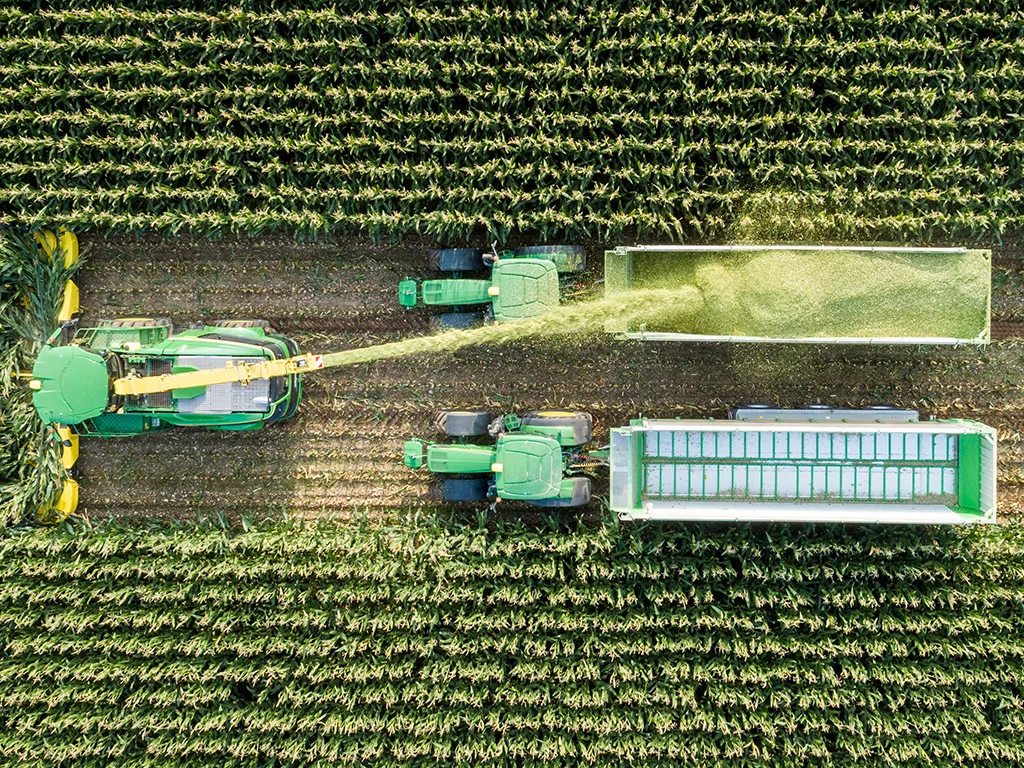 Κάτοψη αυτοκινούμενου ενσιρωκοπτικού μηχανήματος που γεμίζει καρότσα σε αγρό