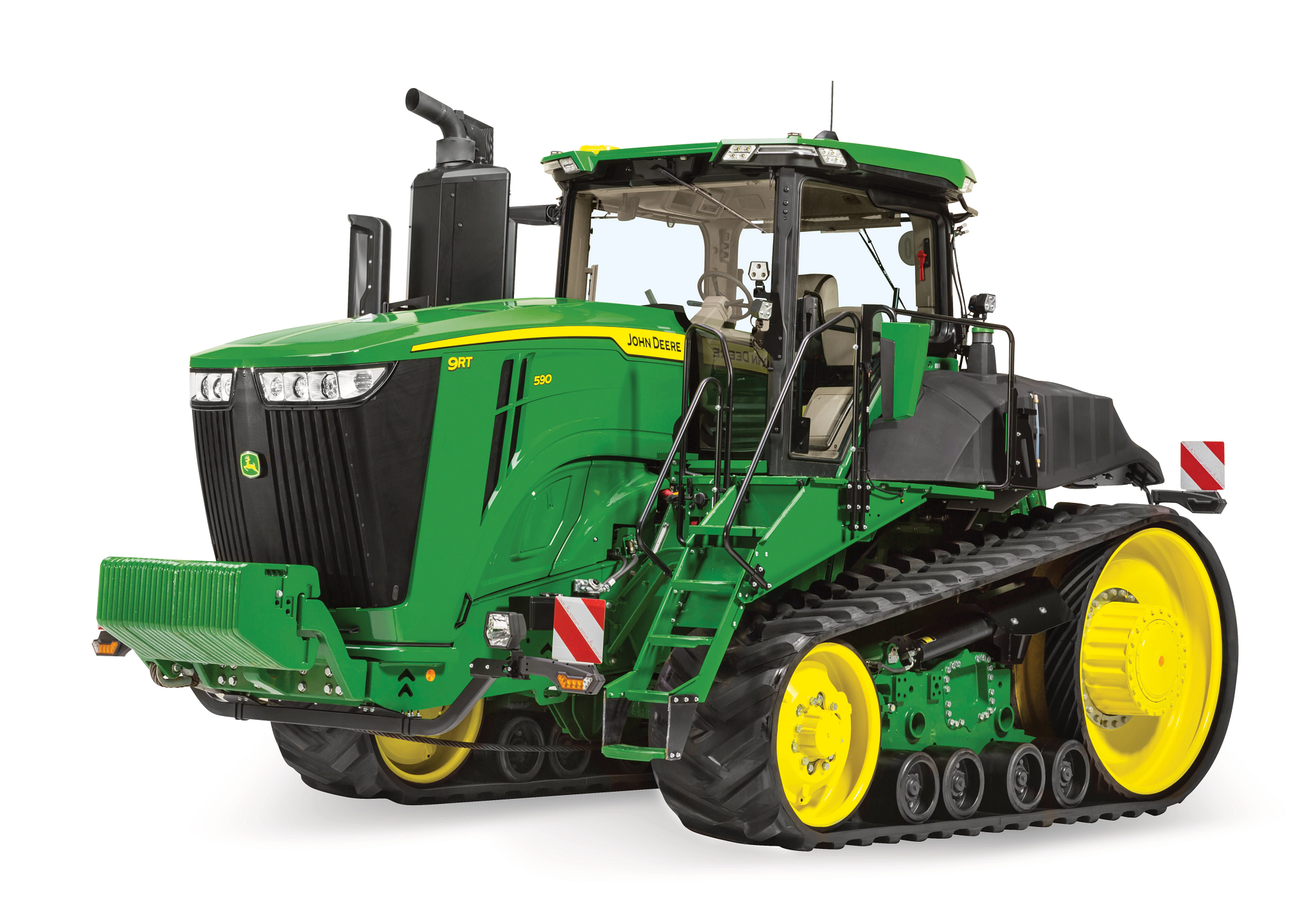 Τρακτέρ 9RT της John Deere με διπλές λαστιχένιες ερπύστριες, σε λευκό φόντο, με μπροστινή δεξιά γωνία και πλήρη καμπίνα και μπροστινό βάρος