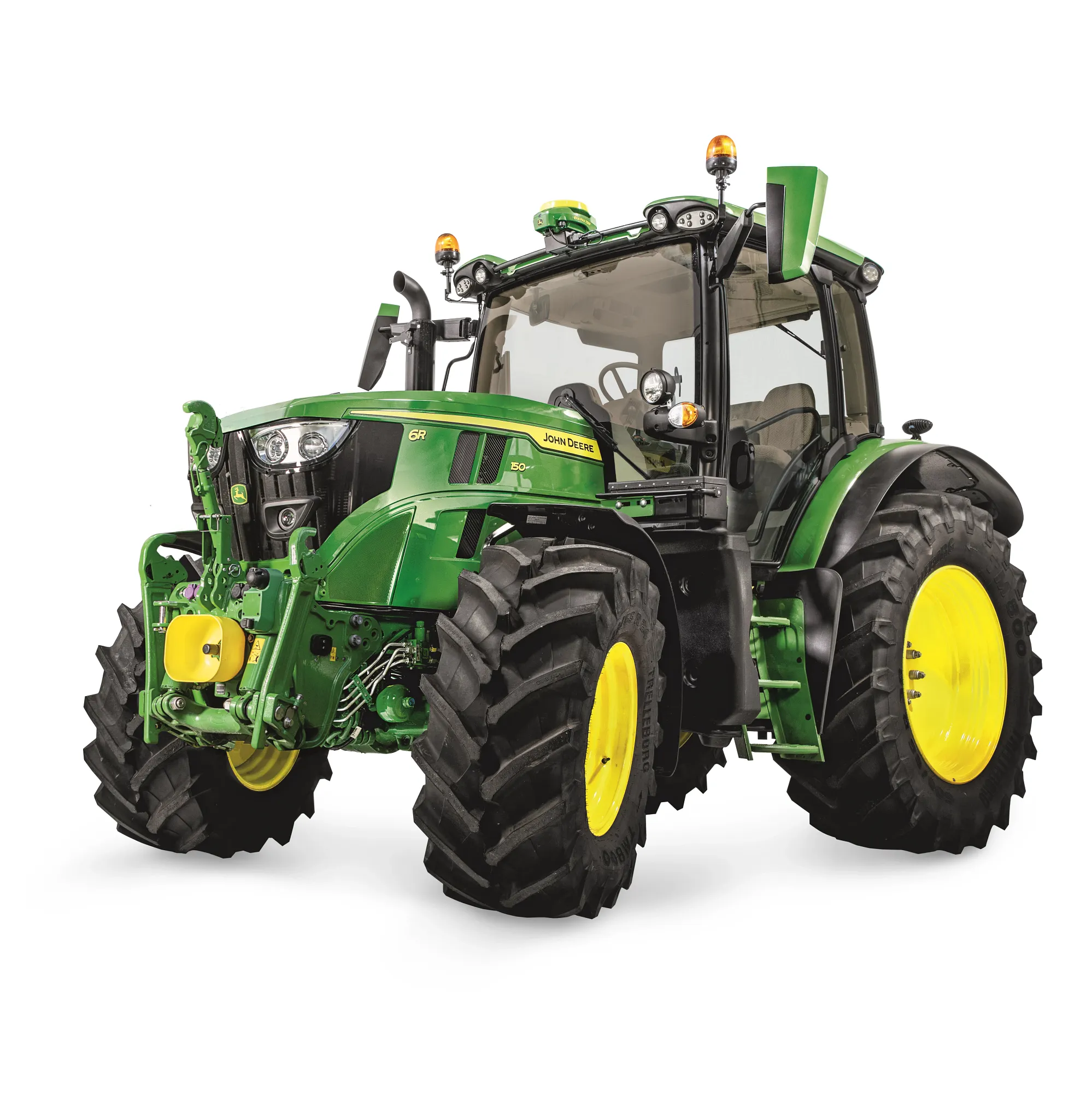 Πράσινο γεωργικό τρακτέρ της John Deere με ελαστικά μεγάλου βάθους, μπροστινό σύστημα ζεύξης και φωτισμό καμπίνας σε λευκό φόντο.