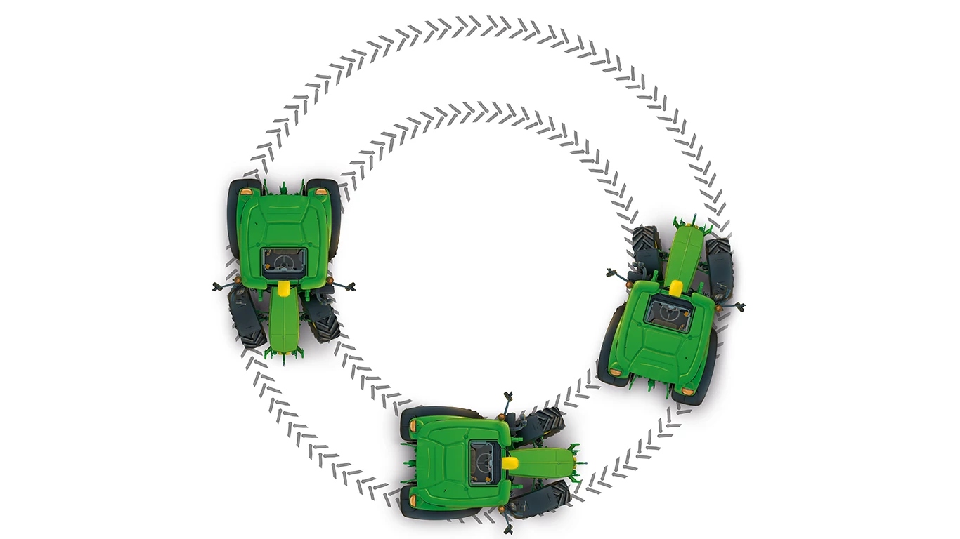 Τρία πράσινα τρακτέρ διατεταγμένα σε κυκλικό σχήμα, επιδεικνύοντας το ζωντανό χρώμα και τον αγροτικό σχεδιασμό τους.