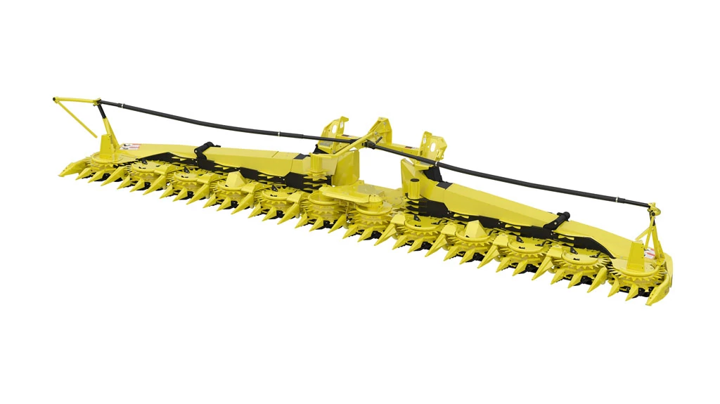 Μπροστινή αριστερή όψη ενός γραφικού studio περιστροφικής κεφαλής κοπής σοδειάς 390Pro