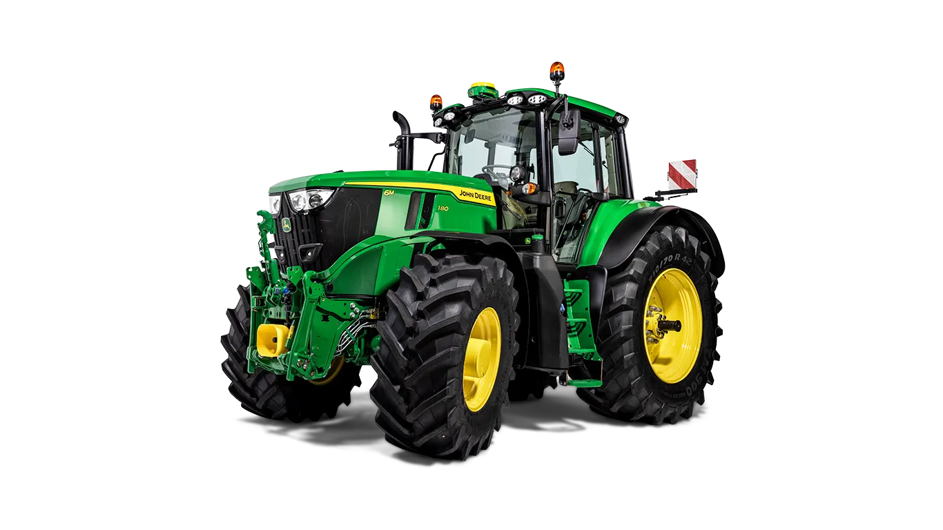 Τρακτέρ με καμπίνα John Deere σε πράσινο και κίτρινο με μπροστινή συνδετική διάταξη, σε λευκό φόντο, σε απεικόνιση από την μπροστινή αριστερή γωνία