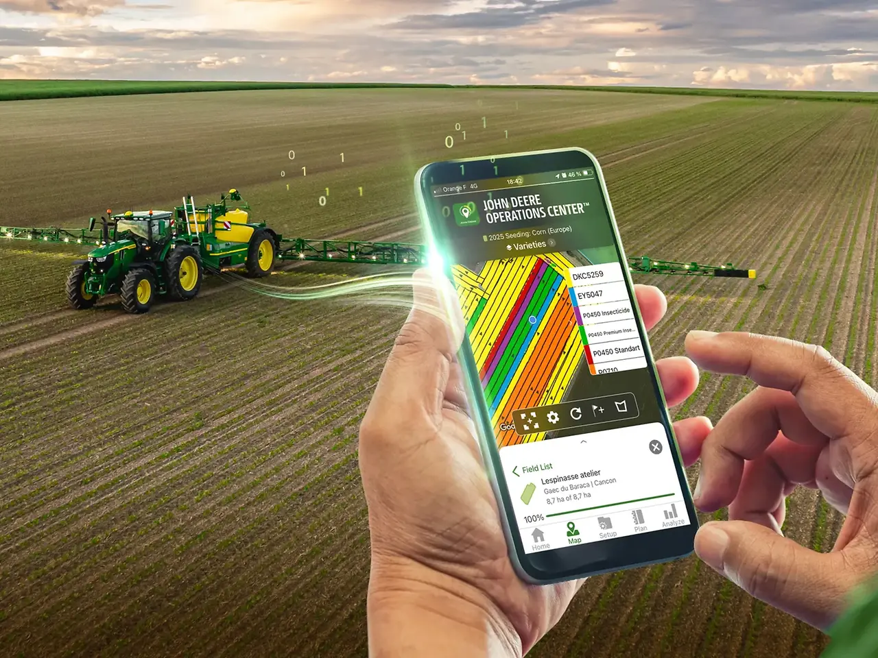 John Deere Operations Center σε κινητό επάνω από αγροτική εργασία