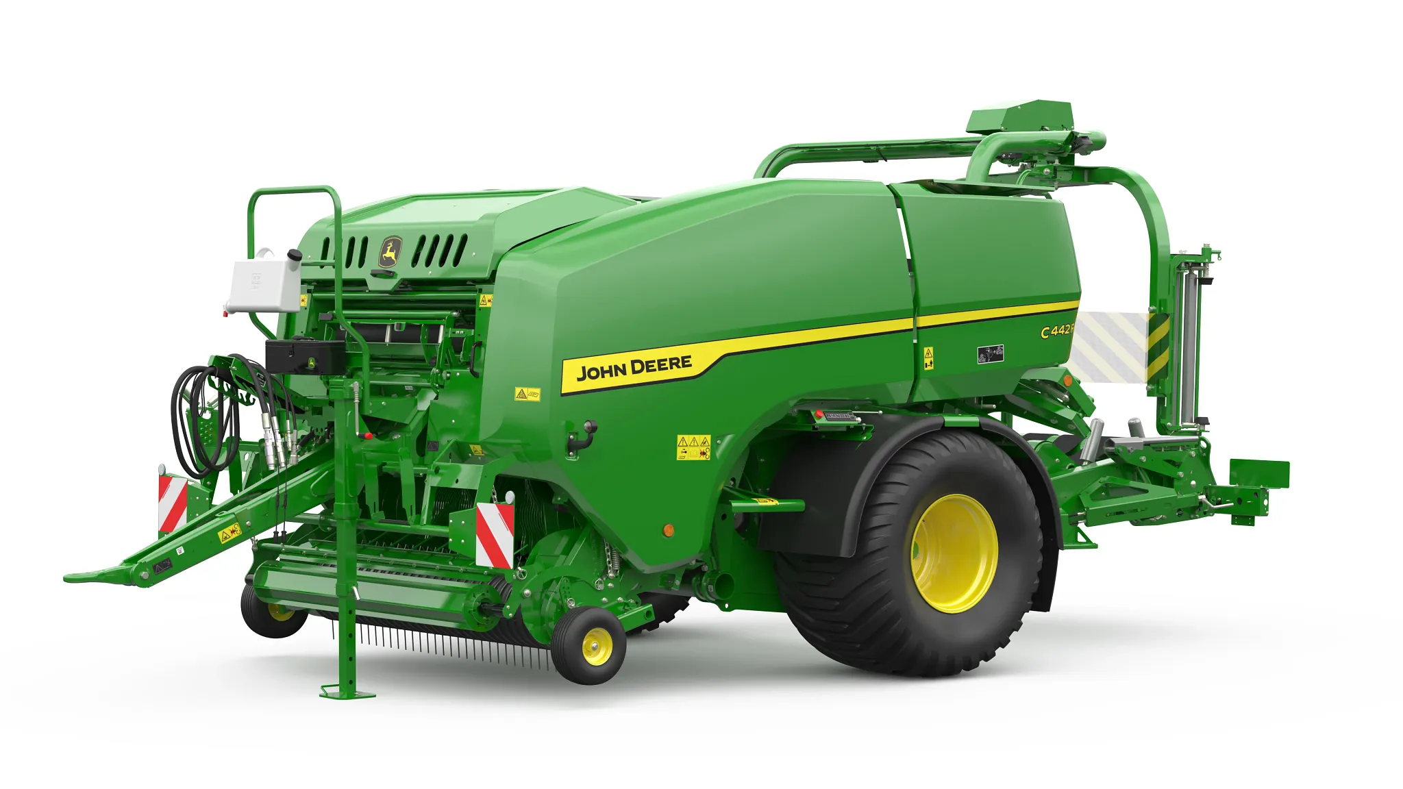 Χορτοδετικό κυλινδρικών δεμάτων John Deere C441R με συλλέκτη και σύστημα περιτύλιξης σε λευκό φόντο, σε πλαϊνή όψη.