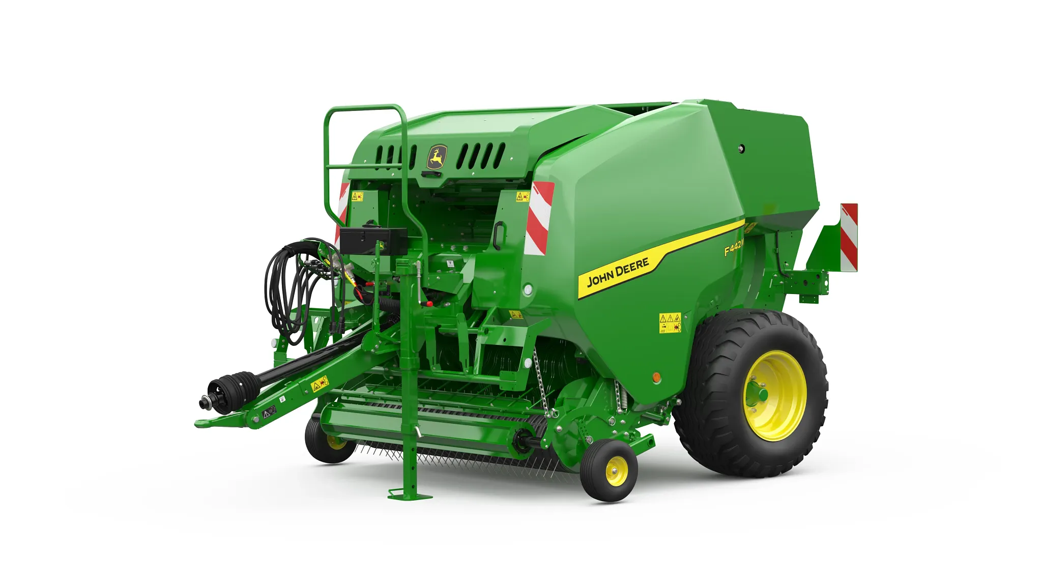 Χορτοδετικό κυλινδρικών δεμάτων John Deere F442M με συλλέκτη και συμπαγή σχεδίαση σε λευκό φόντο, σε πλαϊνή όψη.