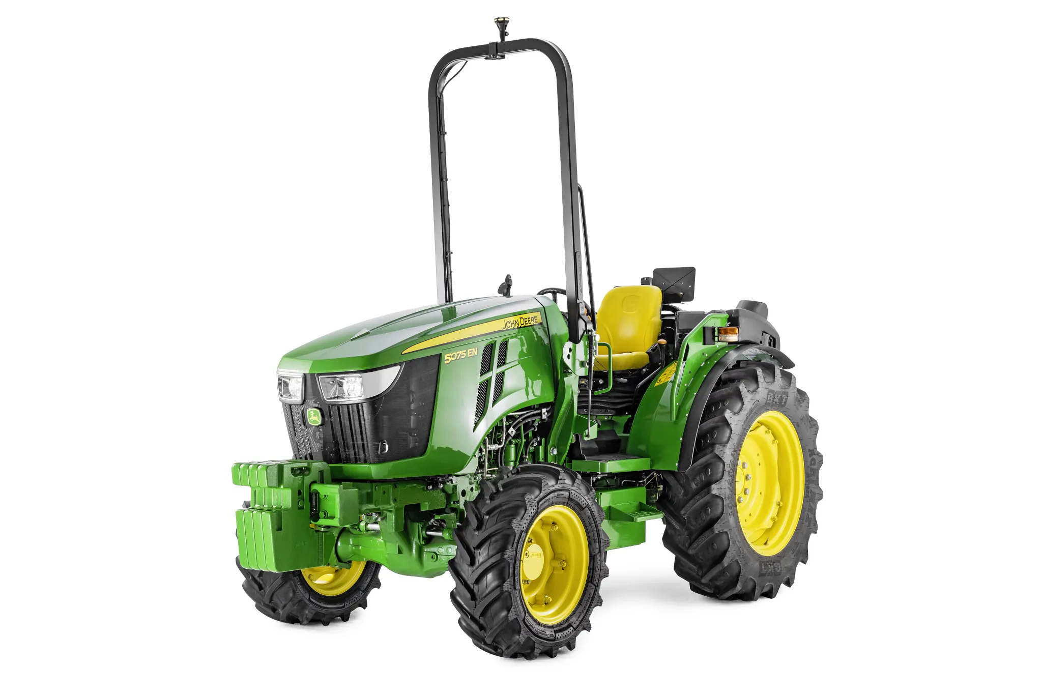Τρακτέρ στενού τύπου John Deere 5075EN με ανοιχτό ROPS, σε λευκό φόντο, με μπροστινή δεξιά γωνία και συμπαγή γεωργική σχεδίαση.