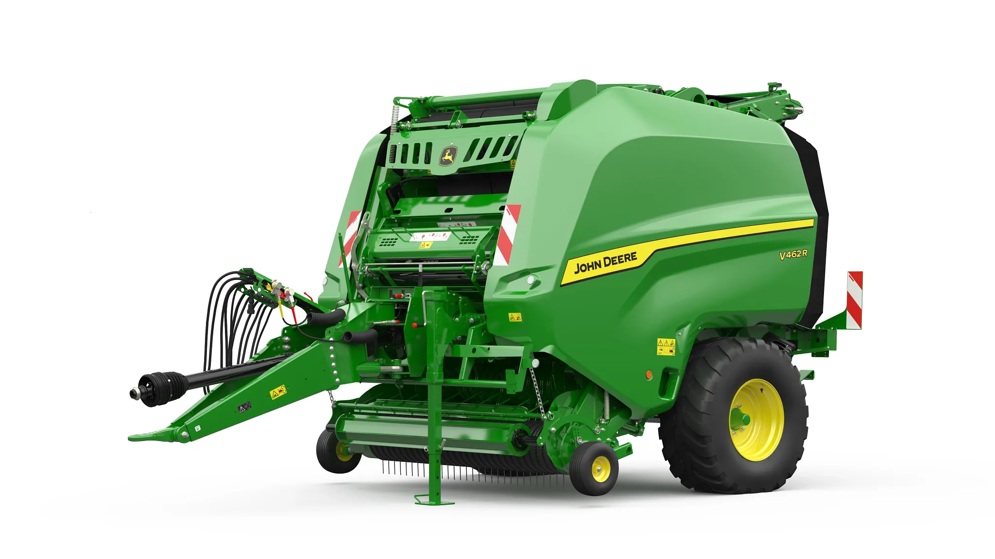 Χορτοδετικό κυλινδρικών δεμάτων John Deere 462R με μεταβλητό θάλαμο, συλλέκτη και σύστημα τροφοδοσίας σε απεικόνιση από πλαϊνή όψη σε λευκό φόντο