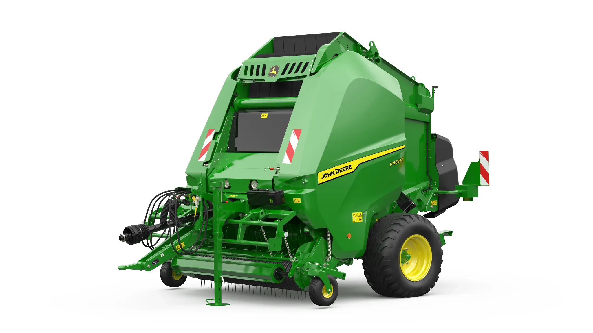 Χορτοδετικό κυλινδρικών δεμάτων John Deere 462M με μεταβλητό θάλαμο, συλλέκτη και σύστημα τροφοδοσίας σε απεικόνιση από πλαϊνή όψη σε λευκό φόντο.