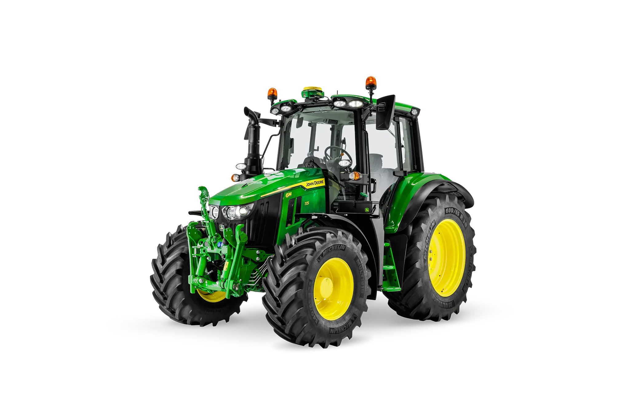 Απομονωμένη φωτογραφία τρακτέρ 6M 115 της John Deere, που δείχνει την ορατότητα της καμπίνας και τα ανθεκτικά ελαστικά