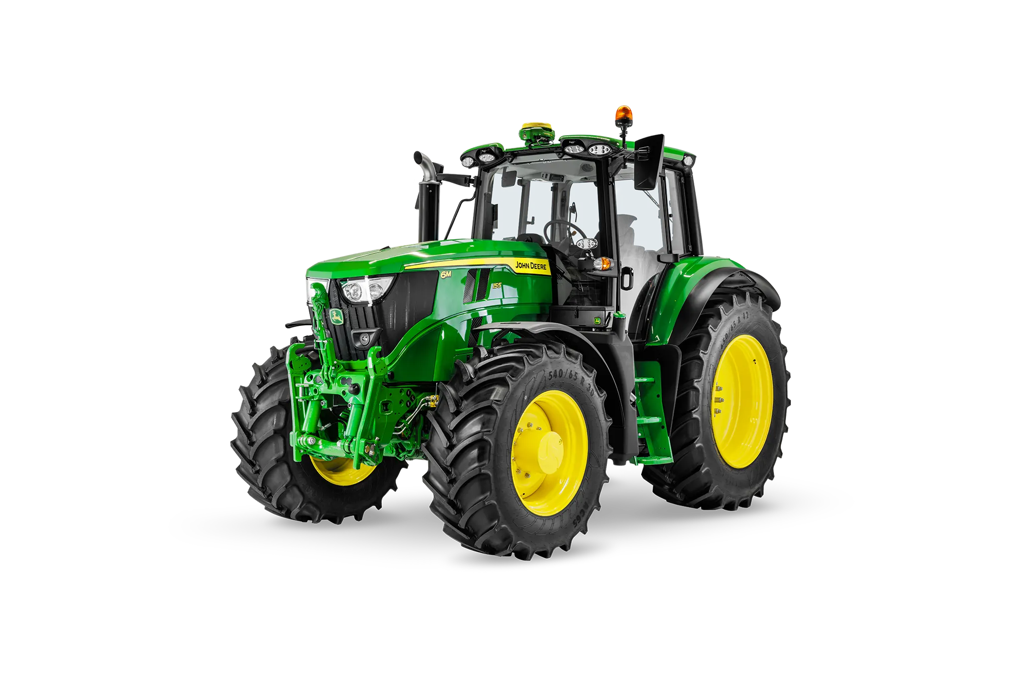 Τρακτέρ 6M 155 της John Deere απομονωμένο σε λευκό φόντο με ισχυρή στάση και φαρδιά ελαστικά