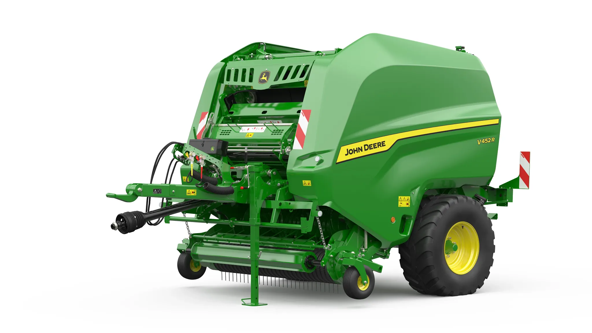 Χορτοδετικό κυλινδρικών δεμάτων John Deere V452R με μεταβλητό θάλαμο, ανοιχτό συλλέκτη και σύστημα τροφοδοσίας σε απεικόνιση από γωνιακή μπροστινή πλευρά σε λευκό φόντο.