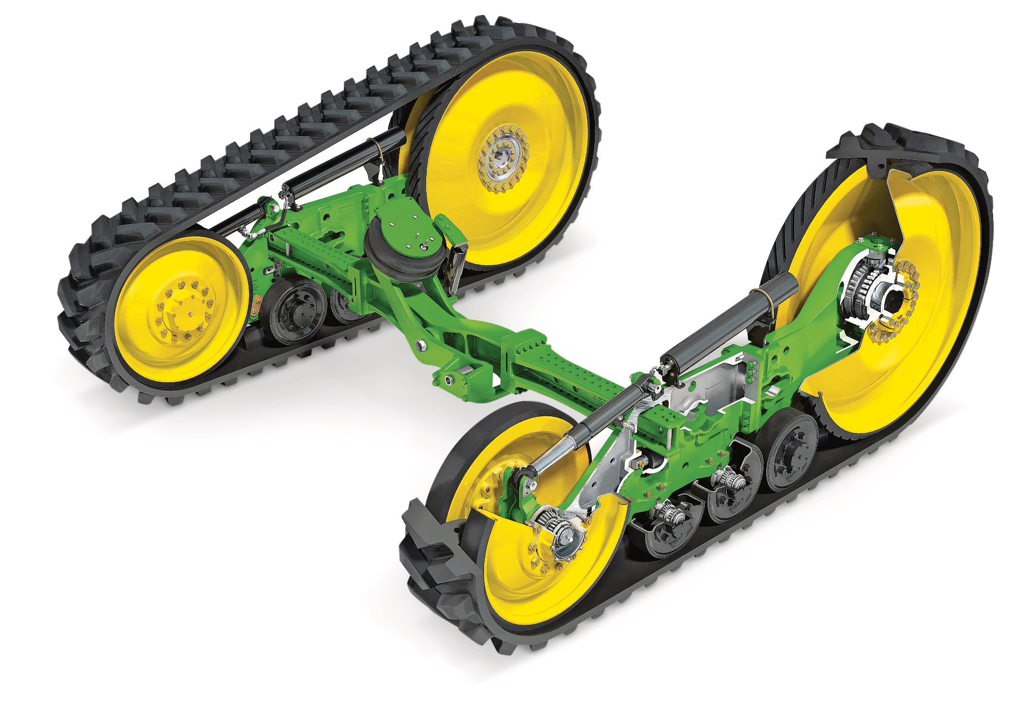 Ερπύστριες τρακτέρ John Deere με λαστιχένιες ερπύστριες, βραχίονες ανάρτησης και κίτρινους τροχούς, σε λευκό φόντο στουντιο