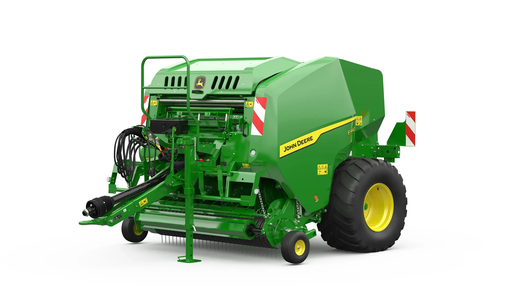 Χορτοδετικό κυλινδρικών δεμάτων John Deere F442R με ανοιχτό θάλαμο, συλλέκτη και σύστημα τροφοδοσίας σε απεικόνιση υπό γωνία σε λευκό φόντο.